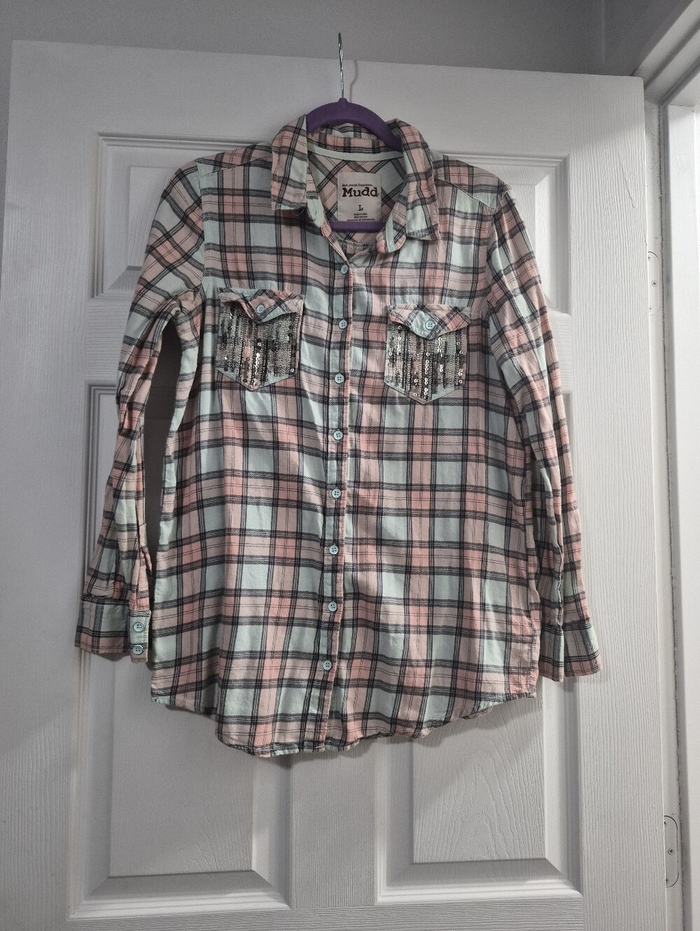 Mudd Pink and Light Teal Plaid Button-Down Shirt with Sequin Pockets
